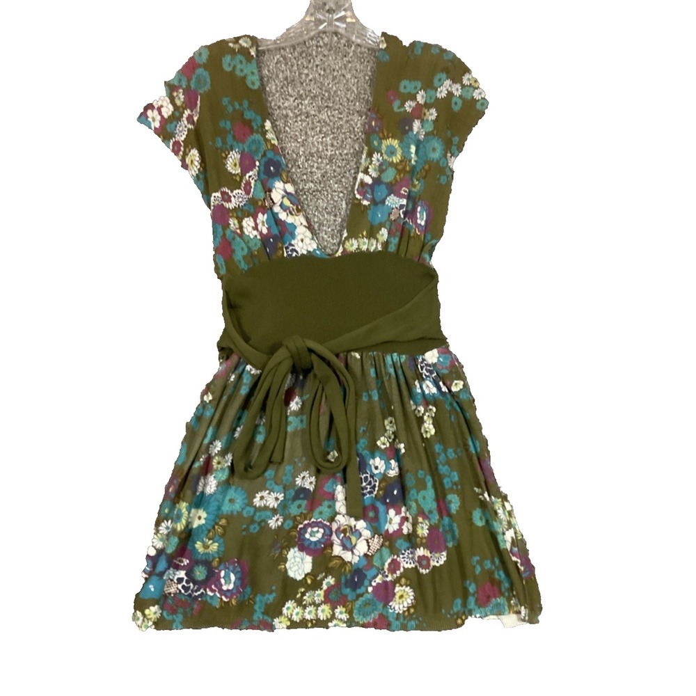 Free People Green Floral Tank‎ Tunic Top Dress Boho Coastal Colorful Sz M